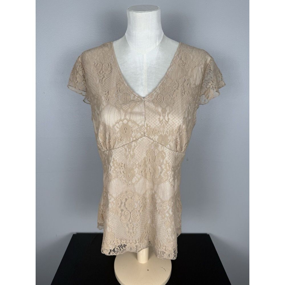 Worthington Stretch Beige Lace Babydoll Shortsleeve Top Cottagecore Coquette‎ Lg